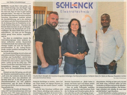 Schlenck: Zwei Nachfolger für Claudia Ebert 29.08.2023 bei Schlenck Elektrotechnik GmbH in Bayreuth